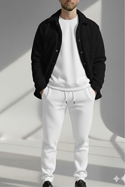 NO 601 Men's Black Buttoned Plush White Crew Neck Sweat White Tracksuit Set 3...