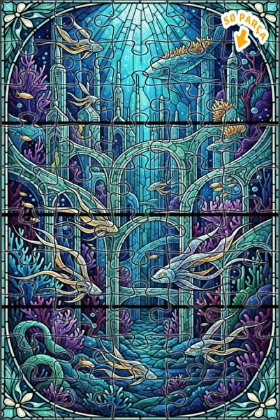 Teona Ahşap لغز خشبي مؤطر من طابقين بتصميم قلعة سحرية تحت الماء مع زجاج ملون ...