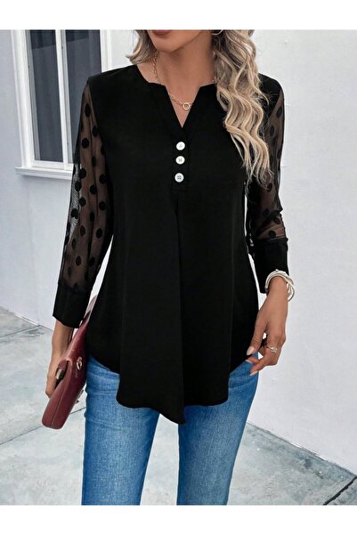 Giyimodam Women's Long Sleeve Buttoned Collar Viscose Blouse with Tulle Detai...