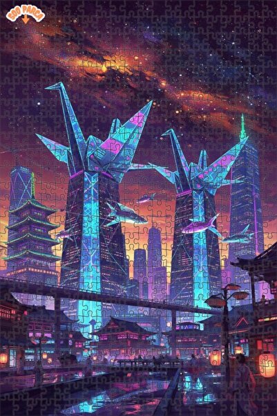 Teona Ahşap لغز خشبي بإطار من طابقين بمظهر لوحة زيتية لمدينة سايبربانك اليابا...