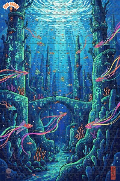 Teona Ahşap لغز خشبي مؤطر بطبقتين بمظهر لوحة زيتية لمدينة غامضة تحت الماء 500...