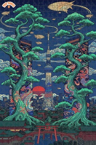 Teona Ahşap لغز خشبي بتصميم مشهد مدينة مستوحى من الطراز الياباني بمظهر لوحة ز...