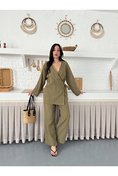 Nazline Women's Pocket Detailed Side Tie Elastic Waist Muslin Fabric Kimono Set