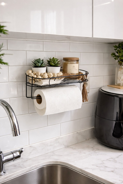 FALCON DEMİR ÇELİK Siyah Metal Çok Amaçlı Mutfak Rafı ve Kağıt Havluluk - Mut...