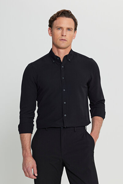 ALTINYILDIZ CLASSICS Cămașă neagră pentru bărbați, slim fit, cu guler cu nast...