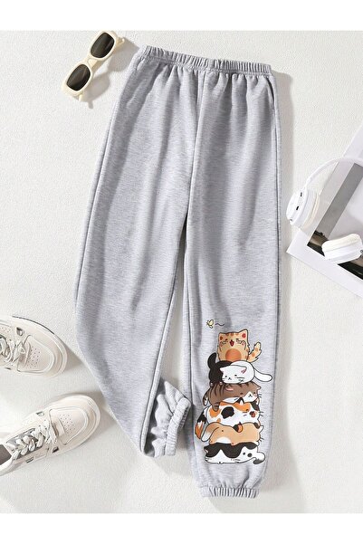 Kids Dizlere Üst Üste 7 Kedi Baskılı Gri Eşofman