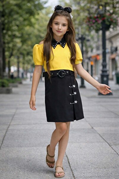 Riccotarz Girl's Shirt Collar Balloon Sleeves Yellow Blouse Hook Detail Belte...