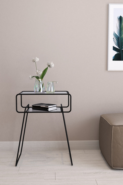 Dekoport Flamingo Yan Sehpa - Komodin - Fiskos Metal Ayak Temperli Cam