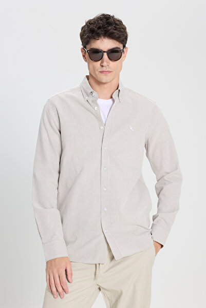 ALTINYILDIZ CLASSICS Чоловіча бежево-біла сорочка зі 100% бавовни, облягаючий...