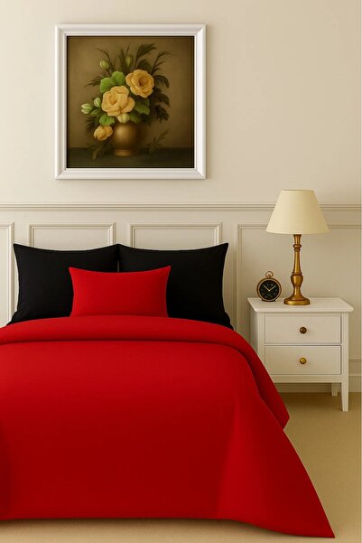 İQON Flat Sheet Duvet Cover Set 100% Cotton Single Size Red-Black
