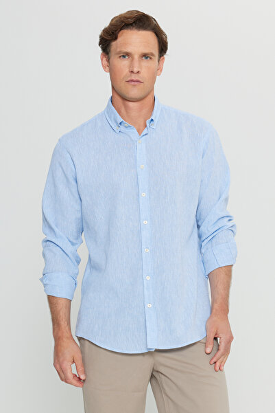 ALTINYILDIZ CLASSICS Men's Blue Cotton Linen Comfort Fit Relaxed Fit Button d...