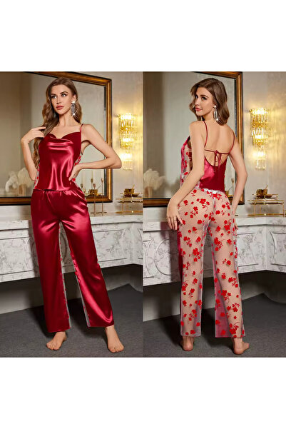 my cherie Flok Baskılı Kadife Dokulu Saten Pijama Takım