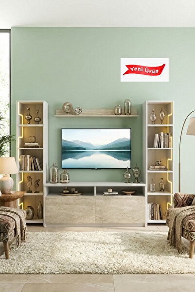 Platinreyon LABİRENT LEDLİ DUVAR TV ÜNİTESİ BEYAZ GÖVDE TRAVERTEN