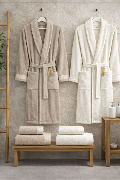 VELLON HOME 6 PARÇA AİLE BORNOZ SETİ BEJ/KREM L/XL