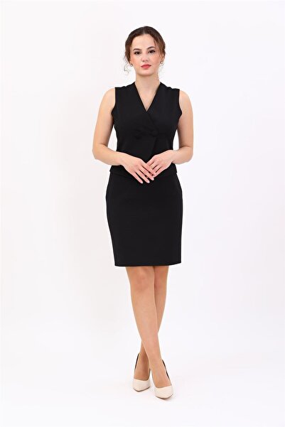 ÖNDER ÖZSOY V-Neck Double-Breasted Short Women's Vest-Black