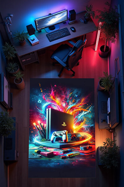 THEMODERNHANE Gamer Genç Odası Halısı Kaymaz Taban Makinede Yıkanabilir Gamin...