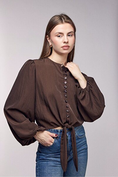 Saade Brown Balloon Sleeve Tie Detail Buttoned Blouse