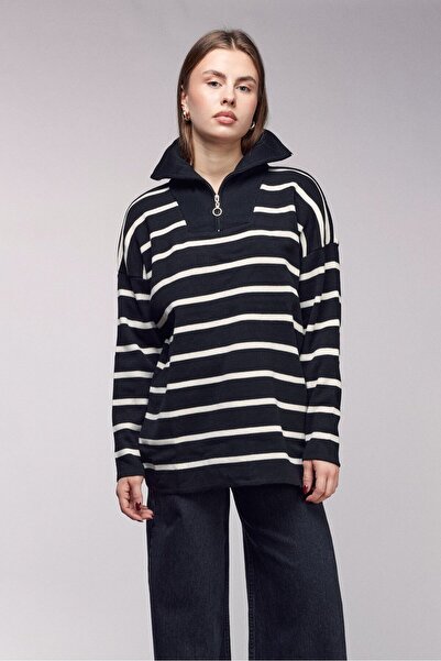 Saade Black Striped Zippered Mock Neck Sweater