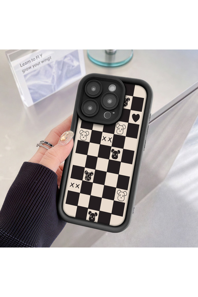 ARTISHELL iPhone 13 Compatible Fashion Chessboard Pattern Teddy Bear Silicone Case