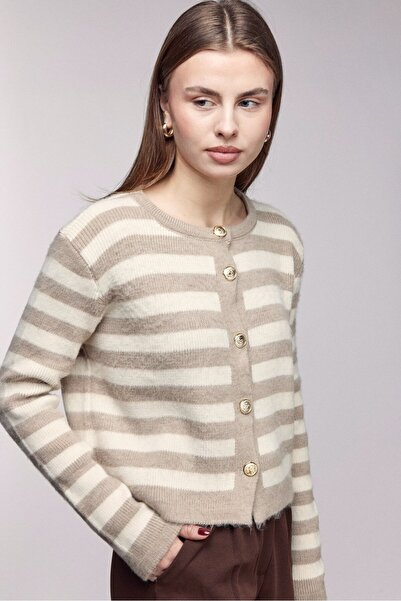 Saade Beige Striped Gold Buttoned Crew Neck Cardigan