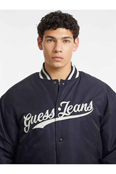 Guess Jeans Men's Logo Navy Blue Bomber Jacket with Snap Fasteners