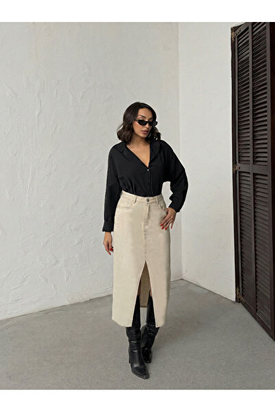 blue wings denım co. Cut-Out Hem Front Slit Linen Skirt