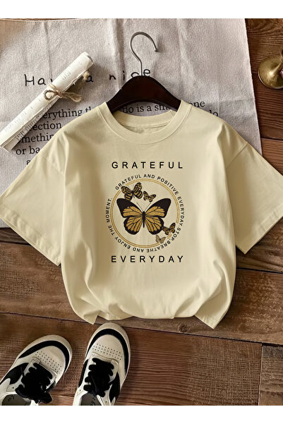 caddekombin Women's Gold Sparkling Butterfly Printed Beige T-Shirt