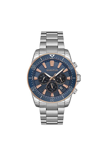 Quantum Erkek Kol Saati 42 MM Silver Kordon Paslanmaz Çelik Kasa Koyu Mavi Ka...