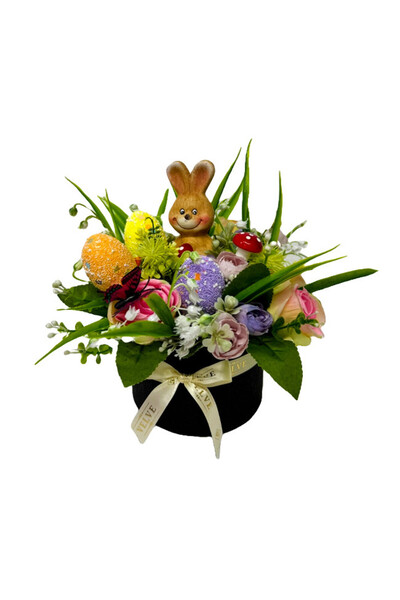 velve Easter floral arrangement, rabbit decoration, green plants, roses, arti...
