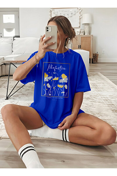 caddekombin تي شيرت نسائي ذو طابع فني حديث مطبوع أزرق بلون الكوبالت أزرق