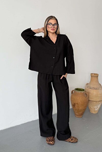 JEE LEE Ženska košulja sa preklopljenim rukavima i pantalone, crna - 26Y 251024