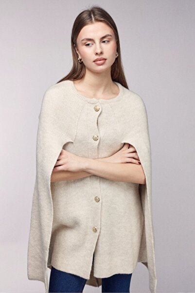 Saade Beige Crew Neck Gold Buttoned Poncho-Cape