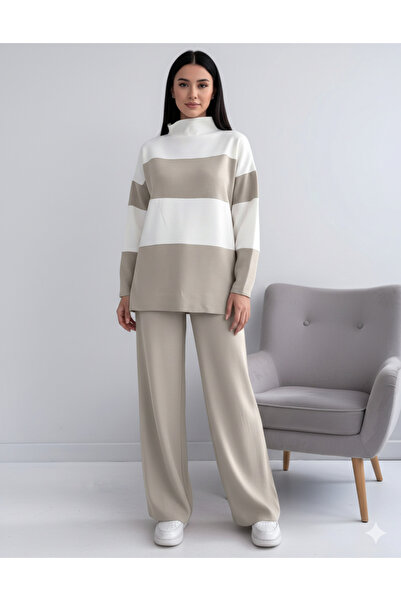 Kirazgym طقم تريكو نسائي مكون من قطعتين بلونين - حجري