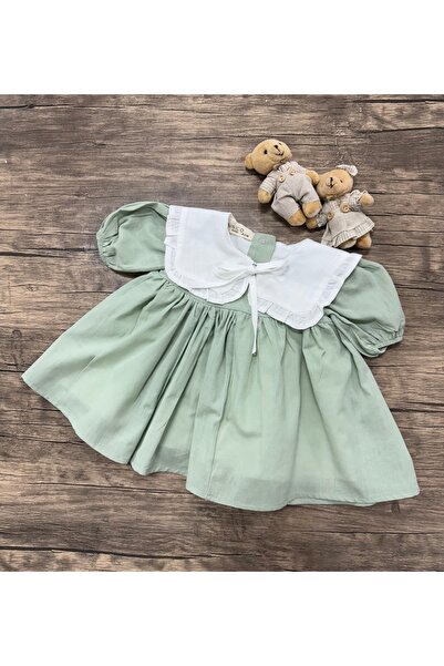 Petibör Baby Yakalı Keten Kısa Kol Kız Çocuk Elbise