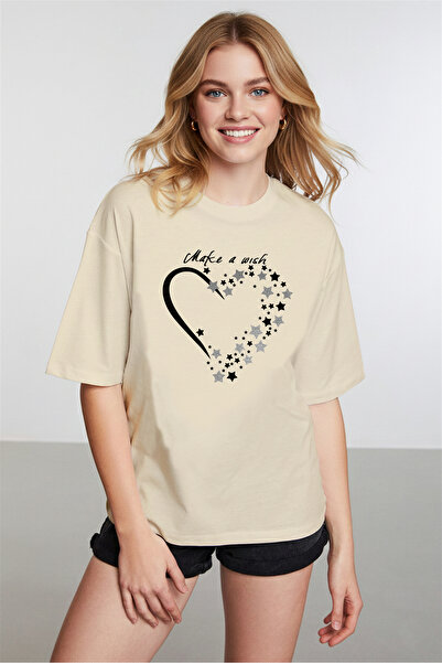 caddekombin Women's Sparkling Star Detailed Crew Neck Beige T-Shirt