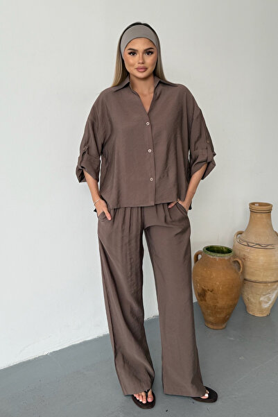 JEE LEE Γυναικείο Σετ Πουκάμισο και Παντελόνι με Λεπτομέρεια Πτυσσόμενου Μανι...