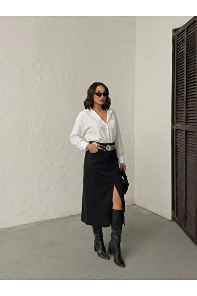 blue wings denım co. Φούστα από λινό με κομμένο τελείωμα και μπροστινό σκίσιμο