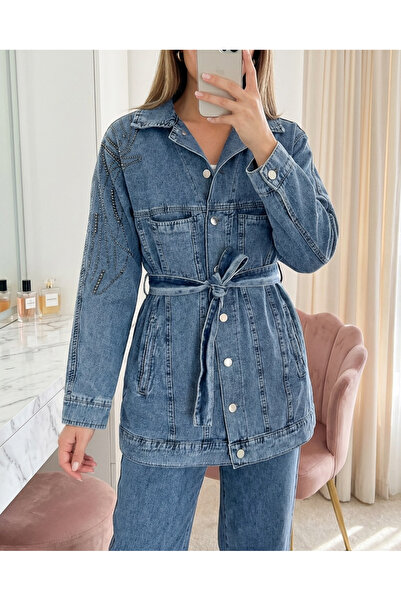 HİJABAYA Σετ τζιν με τσέπες, κουμπιά μπροστά, ζώνη στη μέση και πέτρες