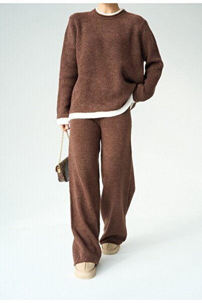 Mars Yaka ve Kol Detaylı Triko Kazak - Palazzo Pantolon Rahat Takım