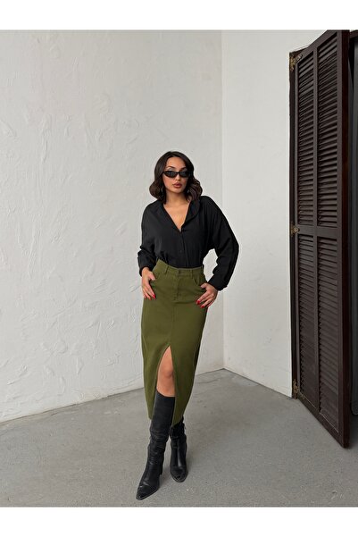 blue wings denım co. Φούστα από λινό με κομμένο τελείωμα και σχισμή