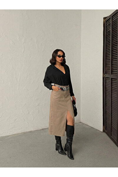 blue wings denım co. Cut-Out Hem Front Slit Linen Skirt