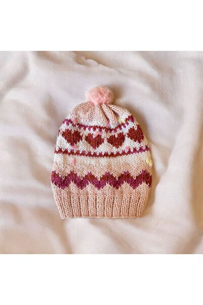 The Cloudish Shop Hand Knitted Zigzag Heart Pattern Baby Beanie Pink Red Whit...