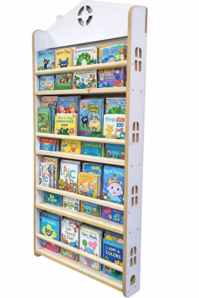 woodhaven Montessori Çocuk Kitaplığı 4 Raflı Duvar Tipi Doğal Ahşap Ev Tasarımlı
