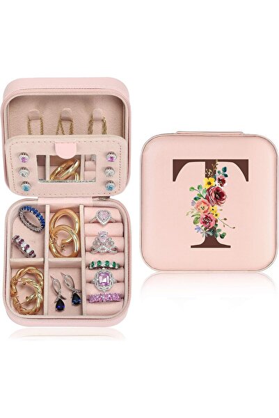 Arabest علبة مجوهرات للسفر، منظم مجوهرات، صندوق مجوهرات بحرف T مع مرآة، صندوق...