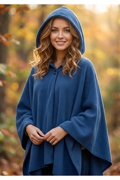 Exve Exclusive Dark Blue Anti-Pilling Soft Fleece Warm Poncho Winter Buttoned...