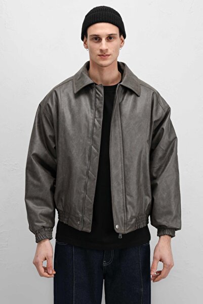 VAMOSCLO Oversized Leather Bomber Jacket Mink