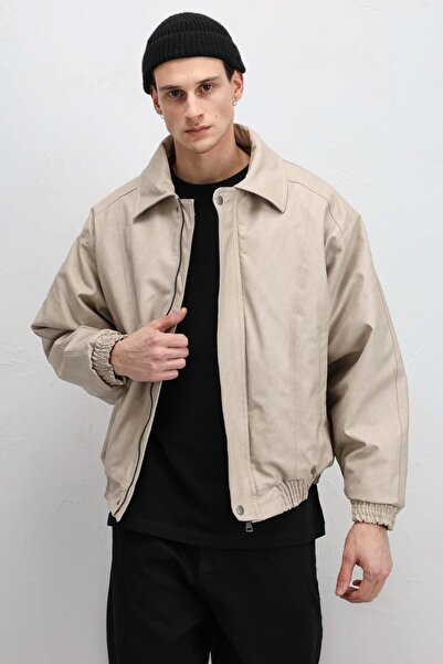 VAMOSCLO Oversized Leather Bomber Jacket Stone