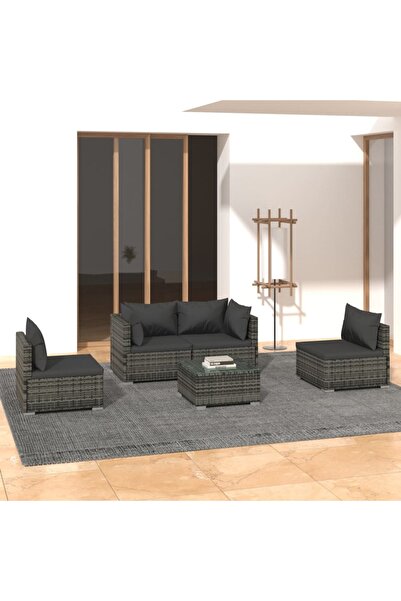 vidaxl 5 Piece Garden Lounge Set with Cushions Poly Rattan Grey