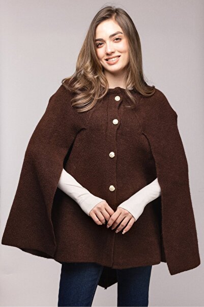 Saade Brown Crew Neck Gold Buttoned Poncho-Cape