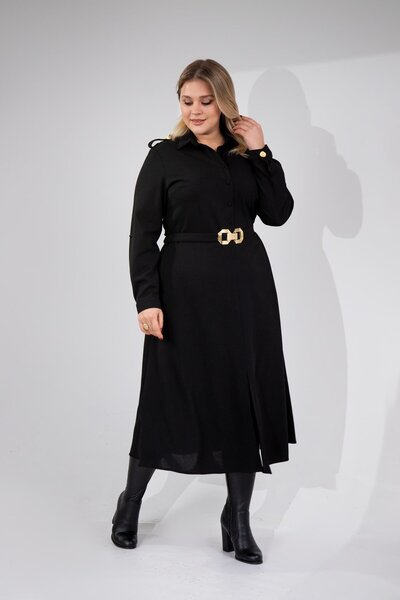 Roxxlen Rochie cu guler tip cămașă și curea pentru femei, mărime mare